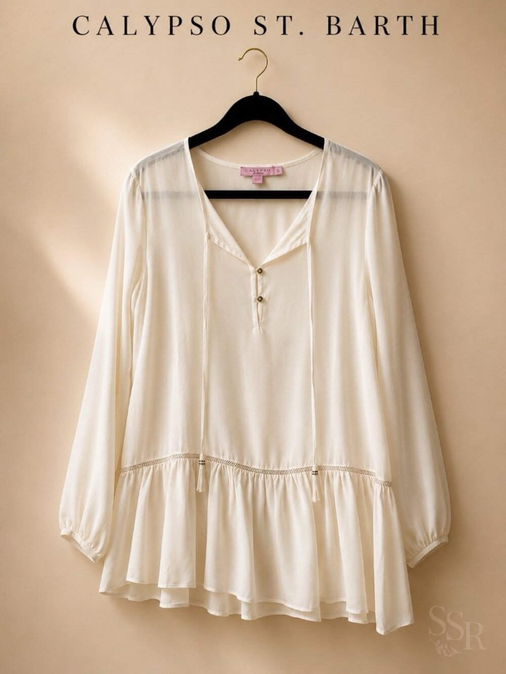 Calypso St. Barth 100% Silk Peasant Blouse Ivory Boho Tunic Long Sleeve Size S